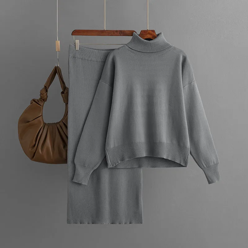 Women's Knit Turtleneck Sweater and Skirt Two-piece Outfit Set