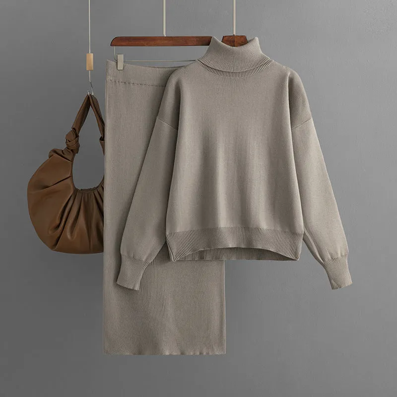 Women's Knit Turtleneck Sweater and Skirt Two-piece Outfit Set