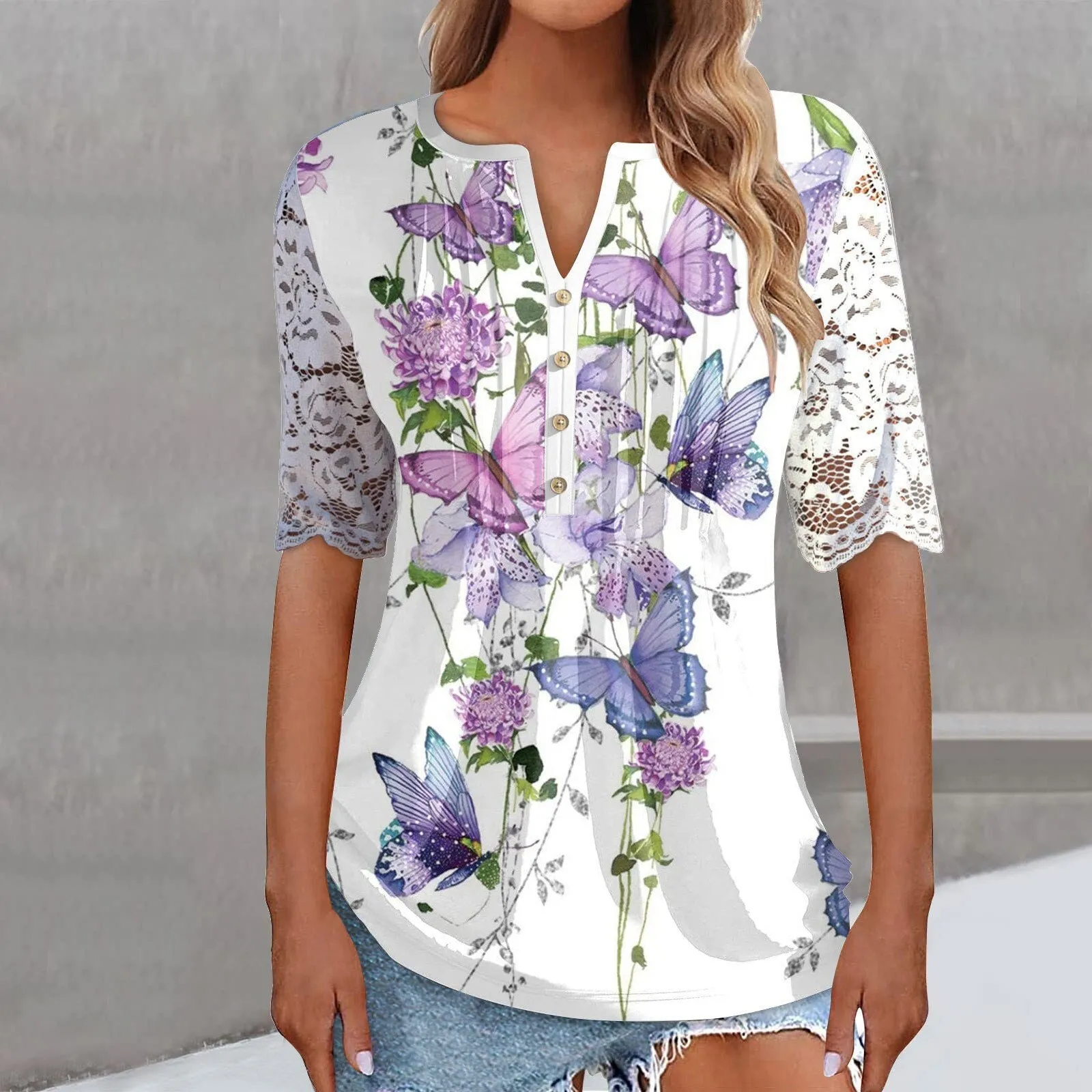 Women's lace long-sleeved slim-fit V-neck solid color Spring Summer blouse