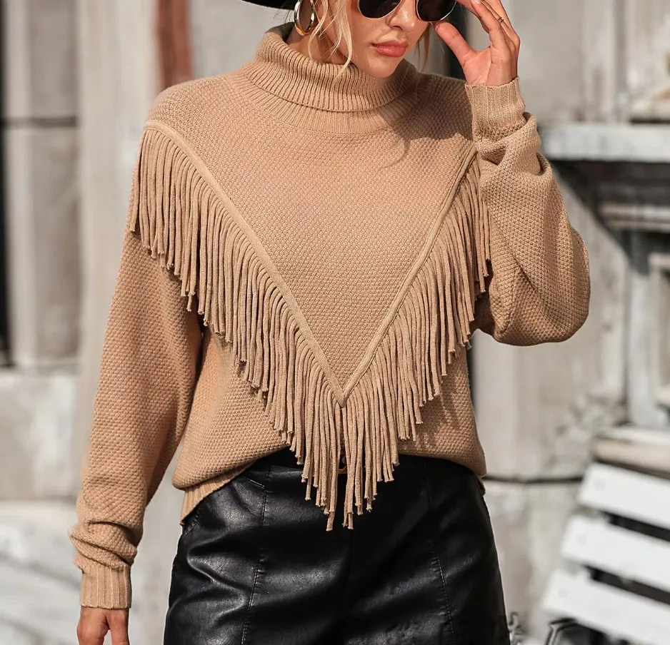 Women's Loose Fringed Knit Turtleneck Sweater