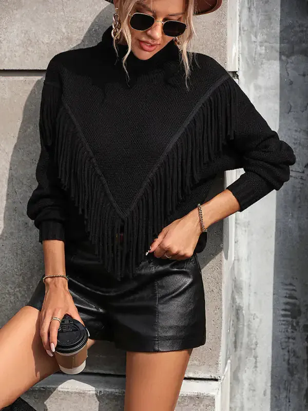 Women's Loose Fringed Knit Turtleneck Sweater