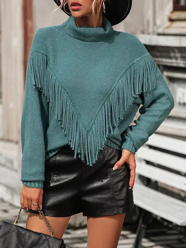 Women's Loose Fringed Knit Turtleneck Sweater