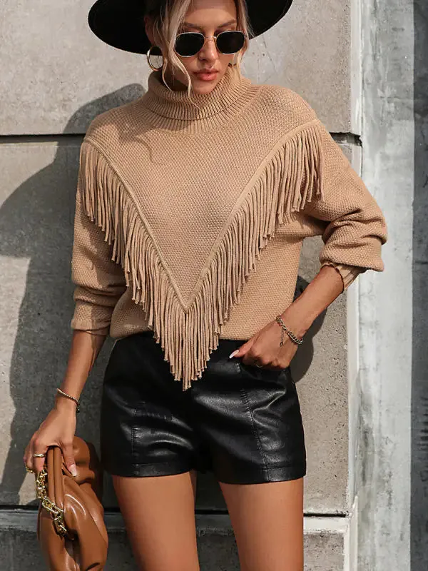 Women's Loose Fringed Knit Turtleneck Sweater