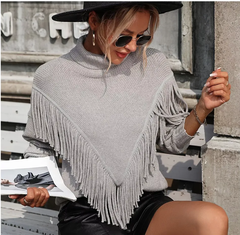 Women's Loose Fringed Knit Turtleneck Sweater