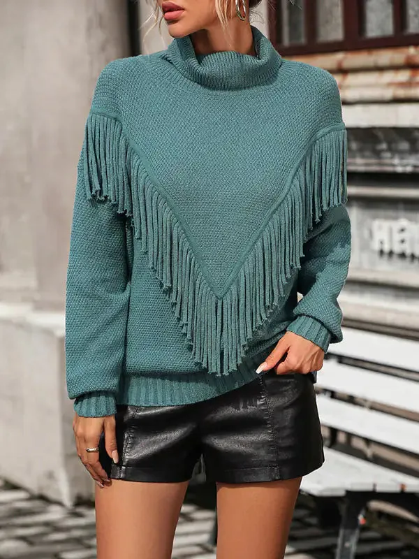 Women's Loose Fringed Knit Turtleneck Sweater