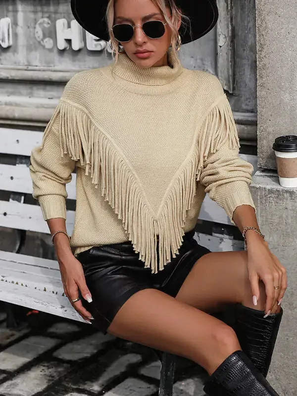 Women's Loose Fringed Knit Turtleneck Sweater