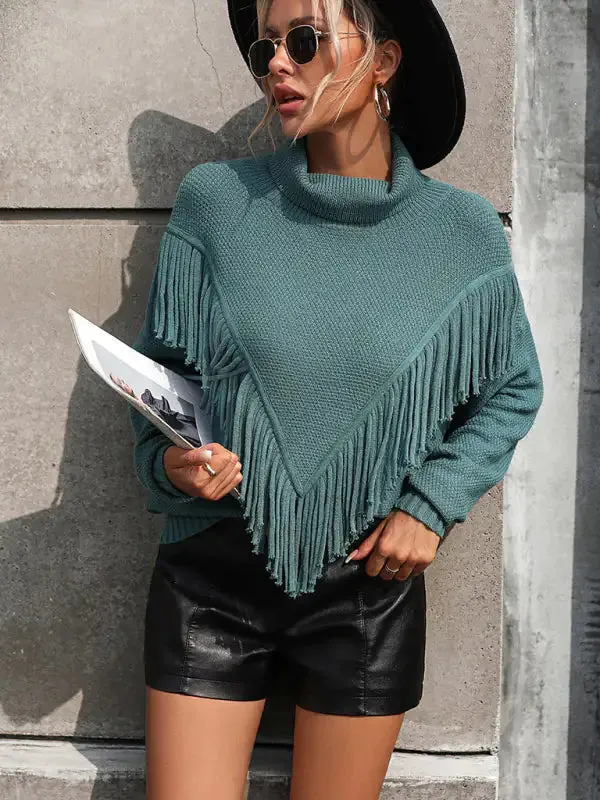 Women's Loose Fringed Knit Turtleneck Sweater