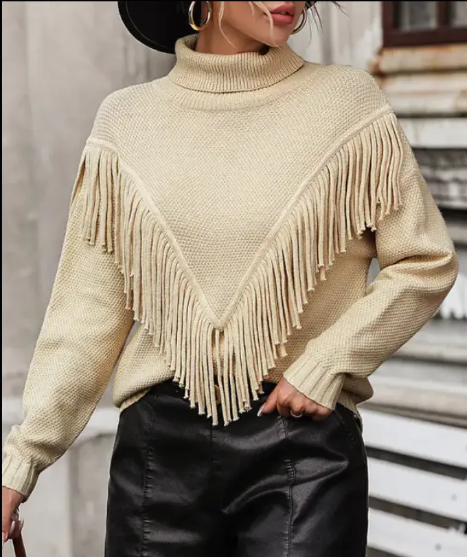 Women's Loose Fringed Knit Turtleneck Sweater