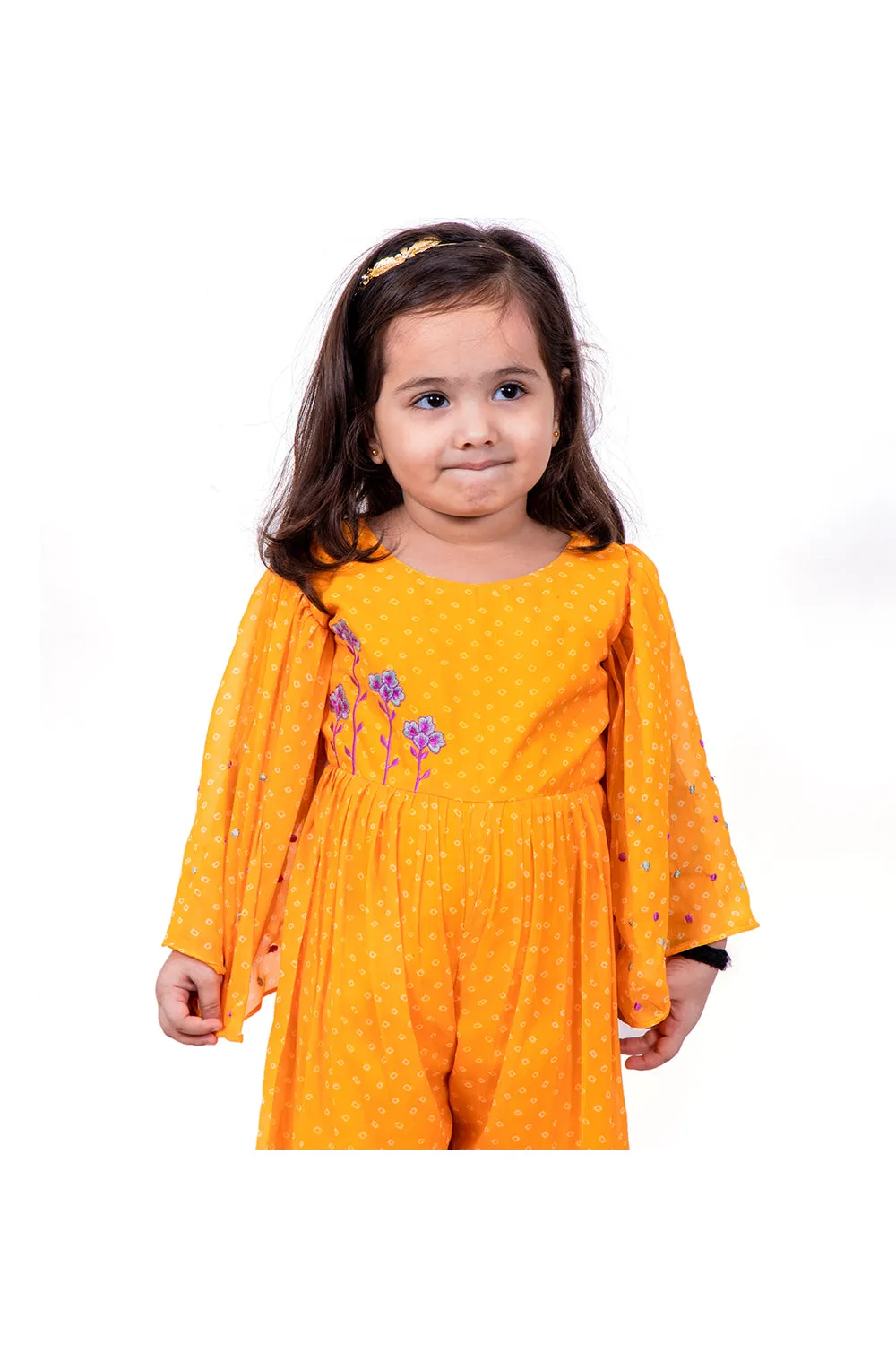 Yellow bandhani work jumpsuit